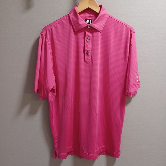 FootJoy Short Sleeve Pink Striped Golf Performance Polo Shirt  Men's Medium Logo - Picture 1 of 6